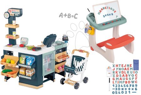 Trgovine kompleti - Komplet elektronska trgovina z mešanim blagom s hladilnikom Maxi Market in šolska klop Smoby