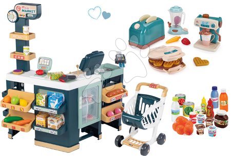 Smoby - Komplet elektronska trgovina z mešanim blagom s hladilnikom Maxi Market in kuhinjski aparati Smoby