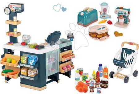 Igre poklicev - Komplet elektronska trgovina z mešanim blagom s hladilnikom Maxi Market in kuhinjski aparati Smoby