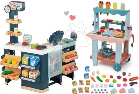 Igre poklicev - Komplet elektronska trgovina z mešanim blagom s hladilnikom Maxi Market in sladoledna stojnica Smoby