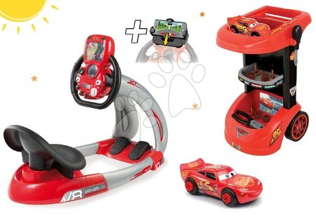 Cars - Set detský pracovný vozík Autá Smoby so skladacím autíčkom a elektronický trenažér V8 Driver 