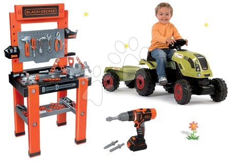 Detská dielňa sety - Set pracovná dielňa Black+Decker Smoby šliapací traktor a vŕtačka so zvukom