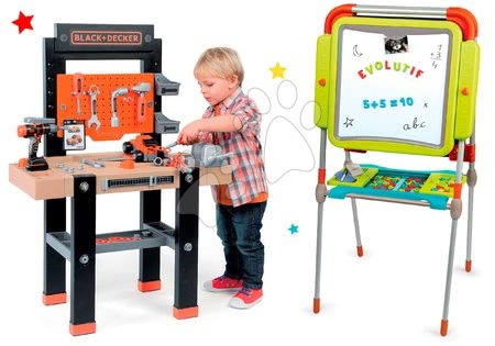 Detská dielňa sety - Set pracovná dielňa Black+Decker Smoby s vŕtačkou a magnetická obojstranná tabuľa polohovateľná so skrinkou