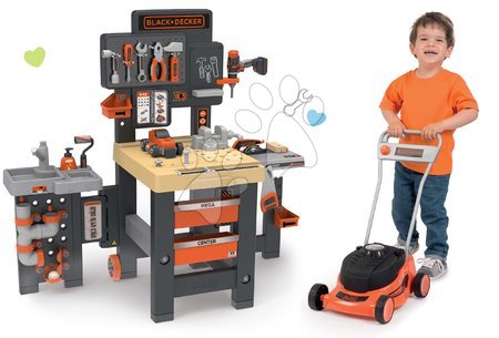 Detská dielňa a nástroje - Set pracovný stôl trojkrídlový Black&Decker Mega Center a kosačka na trávu Smoby