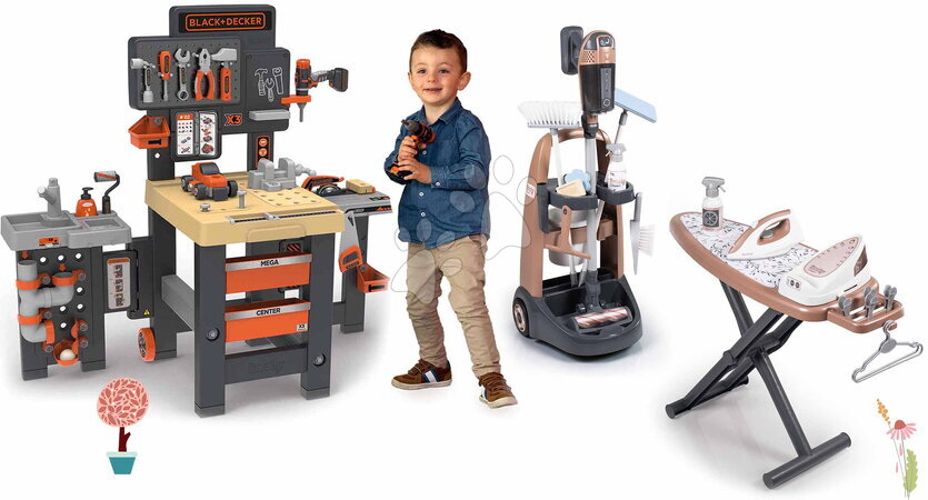 De 3 à 6 ans - Ensemble bureau à trois volets et chariot de nettoyage Black&Decker Mega Center Smoby