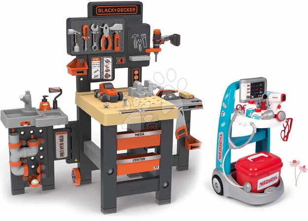 De 3 à 6 ans - Ensemble bureau triple et chariot médical Black&Decker Mega Center Smoby