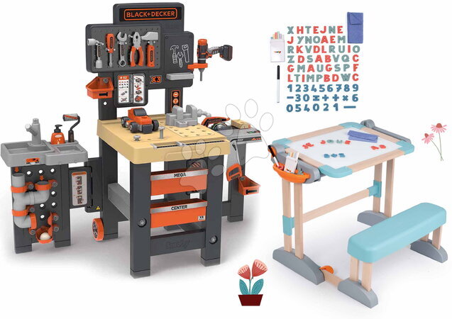 Seturi ateliere de lucru - Set atelier de lucru cu trei părți și bancă din lemn Black&Decker Mega Center Smoby