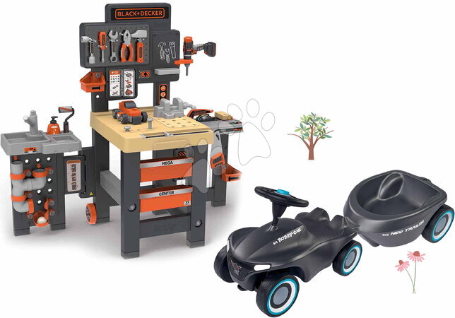 Seturi ateliere de lucru - Set atelier de lucru cu trei părți și babytaxiu Anthrazit Black&Decker Mega Center Smoby