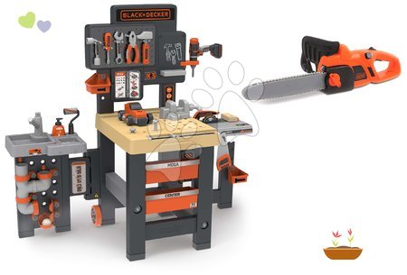 Detská dielňa a nástroje - Set pracovný stôl trojkrídlový Black&Decker Mega Center a motorová píla Smoby