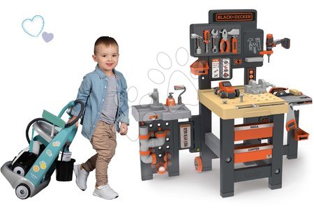 Detská dielňa sety - Set pracovný stôl trojkrídlový Black&Decker Mega Center a upratovací vozík Smoby