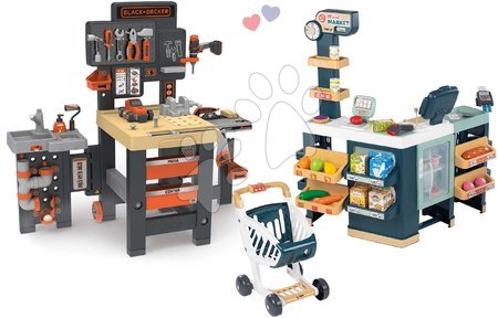 Set pracovný stôl trojkrídlový Black&Decker Mega Center a obchod Maxi Market Smoby