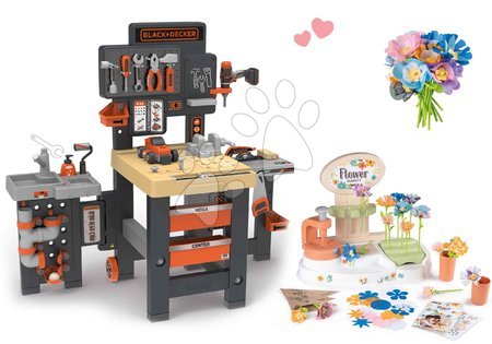 Játék szerelőasztalok - Szett háromszárnyú barkácsműhely Black&Decker Mega Center és virágüzlet Smoby