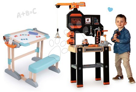 Set pracovný stôl s funkčným žeriavom Black&Decker Bricolo Builder a drevená lavica Smoby