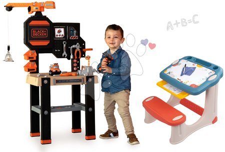 Set pracovný stôl s funkčným žeriavom Black&Decker Bricolo Builder a lavica Smoby