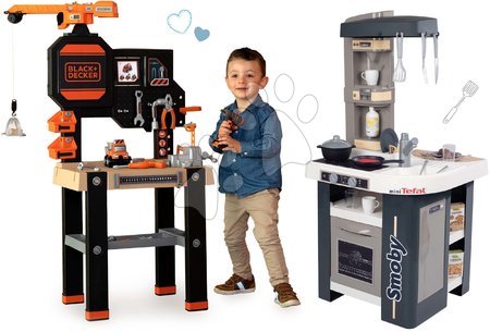 Kinderwerkstatt und Werkzeuge - Arbeitstischset mit Funktionskran Black&Decker Bricolo Builder und Küche Tefal Studio Smoby