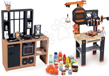 Kinderwerkstatt und Werkzeuge - Arbeitstisch-Set mit funktionellem Kran Black&Decker Bricolo Builder und eine moderne Küche Smoby