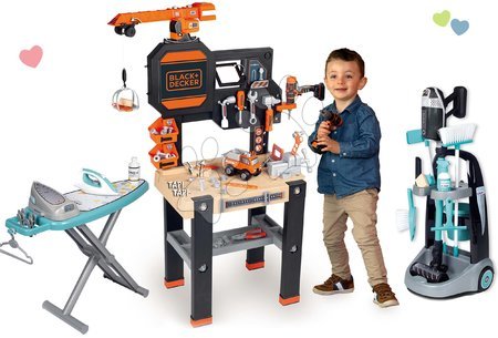 Kinderwerkstatt und Werkzeuge - Set Arbeitstisch mit Funktionskran Black&Decker Bricolo Builder und Reinigungswagen Smoby