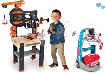 Detská dielňa sety - Set pracovný stôl s funkčným žeriavom Black&Decker Bricolo Builder a lekársky vozík Smoby