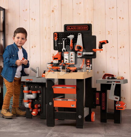 Pracovná detská dielňa - Pracovný stôl trojkrídlový na kolieskach Black&Decker Mega Center Smoby - 3