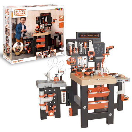 Pracovná detská dielňa - Pracovný stôl trojkrídlový na kolieskach Black&Decker Mega Center Smoby - 6