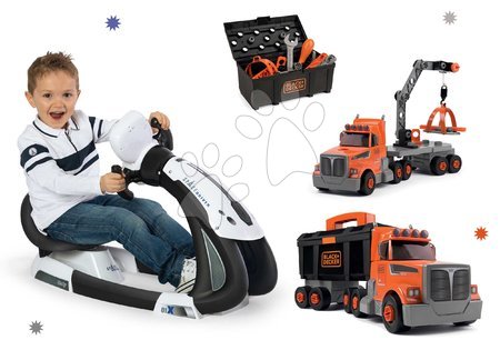 Výhodné sety hračiek - Set trenažér elektronický Vesmír Space Driver Smoby s pracovným kamiónom Black&Decker