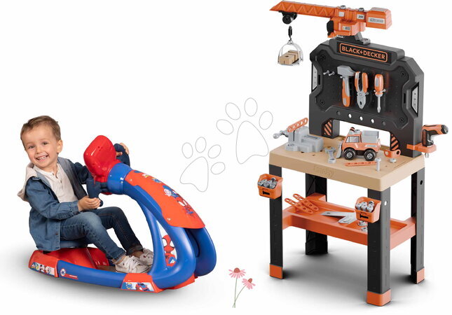Simulador de conducción para niños - Set de simulador de conducción y mesa de trabajo con grúa Spidey V8 Driver Marvel Smoby