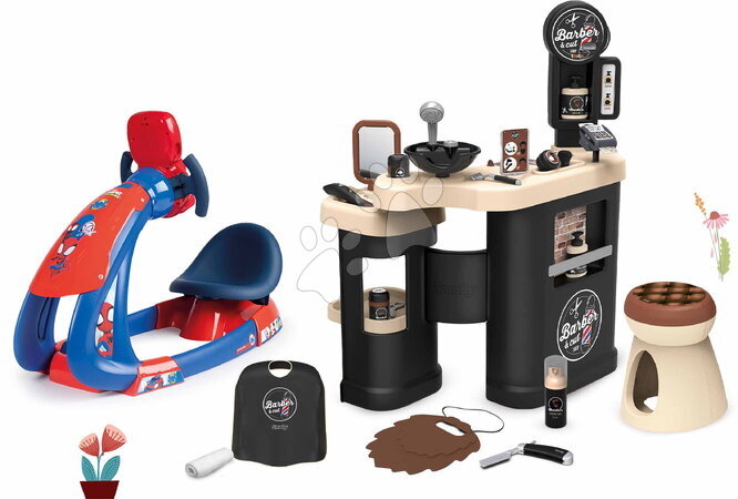 Simulador de conducción para niños - Set de simulador electrónico y barbería de tres paneles Spidey V8 Driver Marvel Smoby