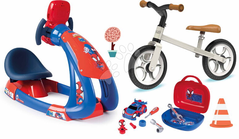 Simulador de conducción para niños - Set de simulador de conducción y correpasillos de Spidey V8 Driver Marvel Smoby