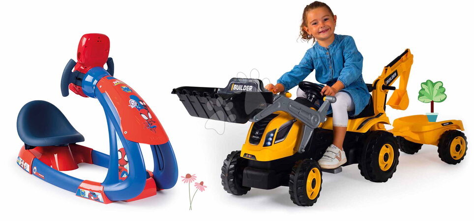 Smoby - Set trenažér a traktor s bagrem a nakladačem Spidey V8 Driver Marvel Smoby