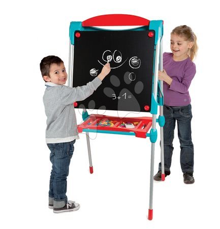 Kreativní a didaktické hračky - Školní magnetická tabule Smoby oboustranná s kovovou konstrukcí, poličkou a 59 doplňky tyrkysově-červená_1