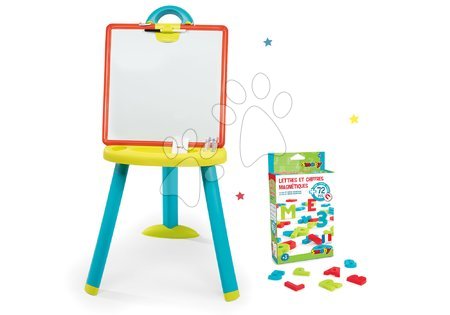 Výhodné sety hračiek - Školská tabuľa obojstranná Activity Plastic Board Smoby 2v1 magnetická na fixky a kriedu so 7 doplnkami a magnetické písmenká 72 ks