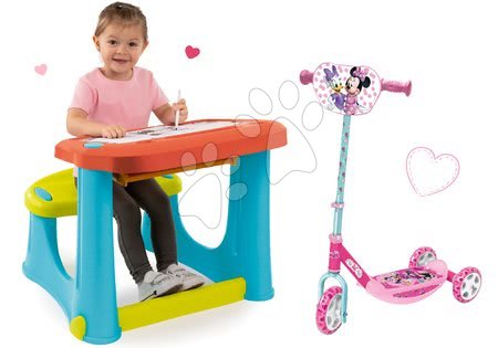 Školske klupe - Set klupa za crtanje Magic Desk Smoby Piši i briši ružičasta i romobil Minnie na tri kotača