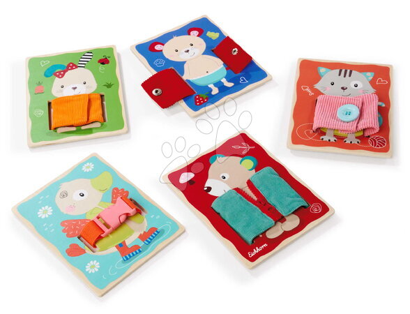 FAJÁTÉK ÖLTÖZTESD FEL AZ ÁLLATKÁKAT DRESSBOARD FABRIC EICHHORN 5 ÁLLATKA KÜLÖNBÖZŐ TÍPUSÚ RÖGZÍTÉSEKKEL A FINOMMOTORIKA FEJLESZTÉSÉRE