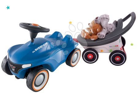 Vozidlá pre deti - Set odrážadlo Bobby Car Neo BIG modré zvukové s 3-vrstvovými gumovými kolesami a príves Buggy 3v1 s funkciami