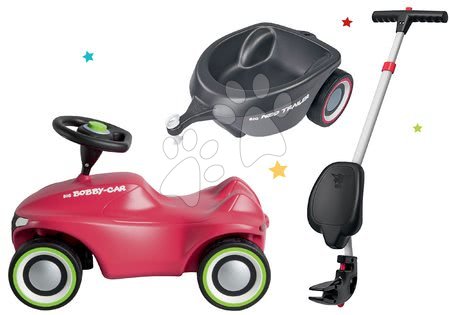 Vehicule pentru copii - Set babytaxiu Bobby Car Neo BIG roz cu sunet cu roți din cauciuc 3-straturi și remorcă ovală și mâner de împins cu spătar ergonomic