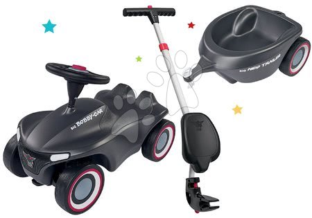 Vehicule pentru copii - Set babytaxiu Bobby Car Neo Anthrazit BIG cu sunete și jante care își schimbă culoarea cu remorcă ovală mâner parental și spătar ergonomic