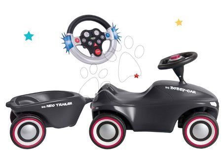 Pojazdy dla dzieci - Zestaw jeździk Bobby Car Neo Anthrazit BIG z dźwiękiem, kolorowymi felgami, interaktywną elektroniczną kierownicą oraz owalna przyczepka