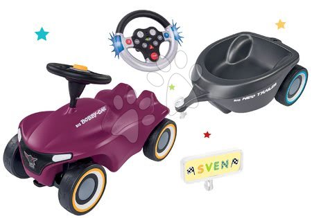 Vozidlá pre deti - Set odrážadlo Bobby Car Neo Aubergine BIG zvukové s 3-vrstvovými gumovými kolesami a interaktívny elektronický volant a oválny vozík so značkami_1