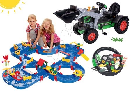 Detské šliapacie vozidlá sety - Set šliapací traktor nakladač Jim Turbo BIG s interaktívnym volantom a vodná dráha Aquaplayn Go