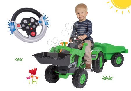 BIG - Zestaw traktorek na pedały Jim Loader BIG z ładowaczem i przyczepką oraz interaktywna kierownica Ratownik ze światłem i dźwiękiem