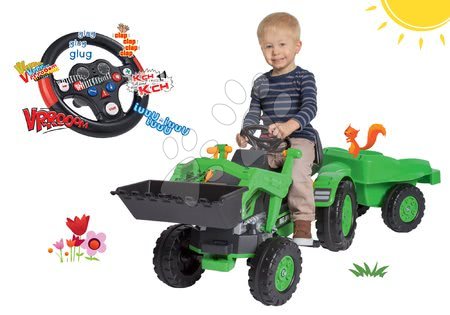 Detské šliapacie vozidlá sety - Set šľapací traktor Jim Loader BIG s nakladačom a prívesom a interaktívny volant Preteky so zvukom