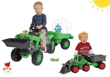 BIG - Szett pedálos traktor Jim Loader BIG homlokrakodóval, utánfutóval és kis traktor homlokrakodóval és pótkocsival 66 cm