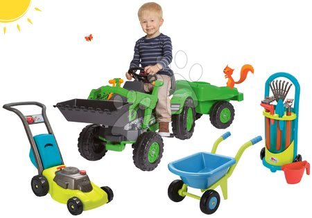 BIG - Set tractor cu pedale Jim Loader BIG cu încărcător frontal, remorcă, roabă cu maşină de tuns iarbă şi unelte de grădină