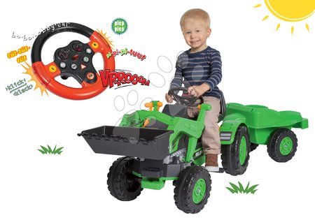 Detské šliapacie vozidlá sety - Set šľapací traktor Jim Loader BIG s nakladačom a prívesom a interaktívny volant Auto so zvukom a svetlom červený