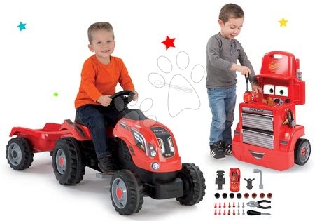 Detské šliapacie vozidlá sety - Set traktor na šliapanie Farmer XL Smoby s prívesom a pracovná dielňa vozík Autá Mack Truck