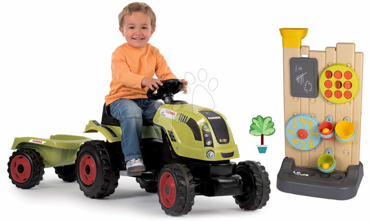 Claas - Ensemble tracteur à pédales et mur d'activités Claas Farmer XL avec remorque Smoby