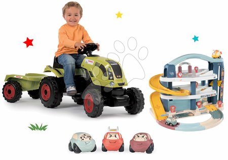 Pedálos gyermekjármű szettek - Szett pedálos traktor Claas Farmer XL utánfutóval Smoby