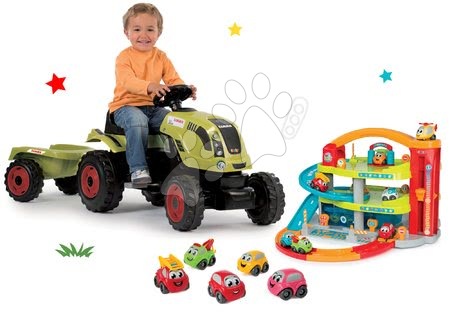 Pedálos gyermekjármű szettek - Szett pedálos traktor Claas Farmer XL utánfutóval Smoby