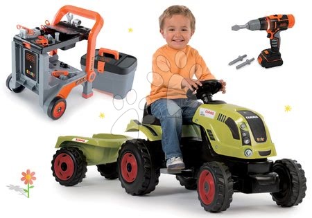 Pedálos gyermekjármű szettek - Szett pedálos traktor Claas Farmer XL utánfutóval Smoby