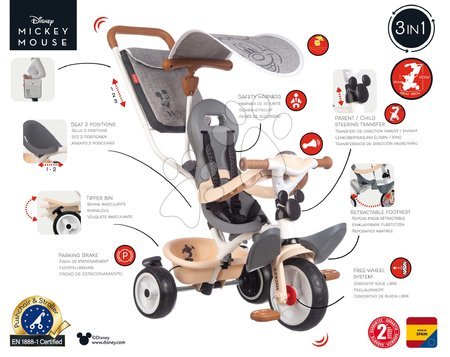 Rowerki trójkołowe - Trójkoło i wózek w jednym z wysokim oparciem Mickey Disney Baby Balade Plus Tricycle Smoby_1